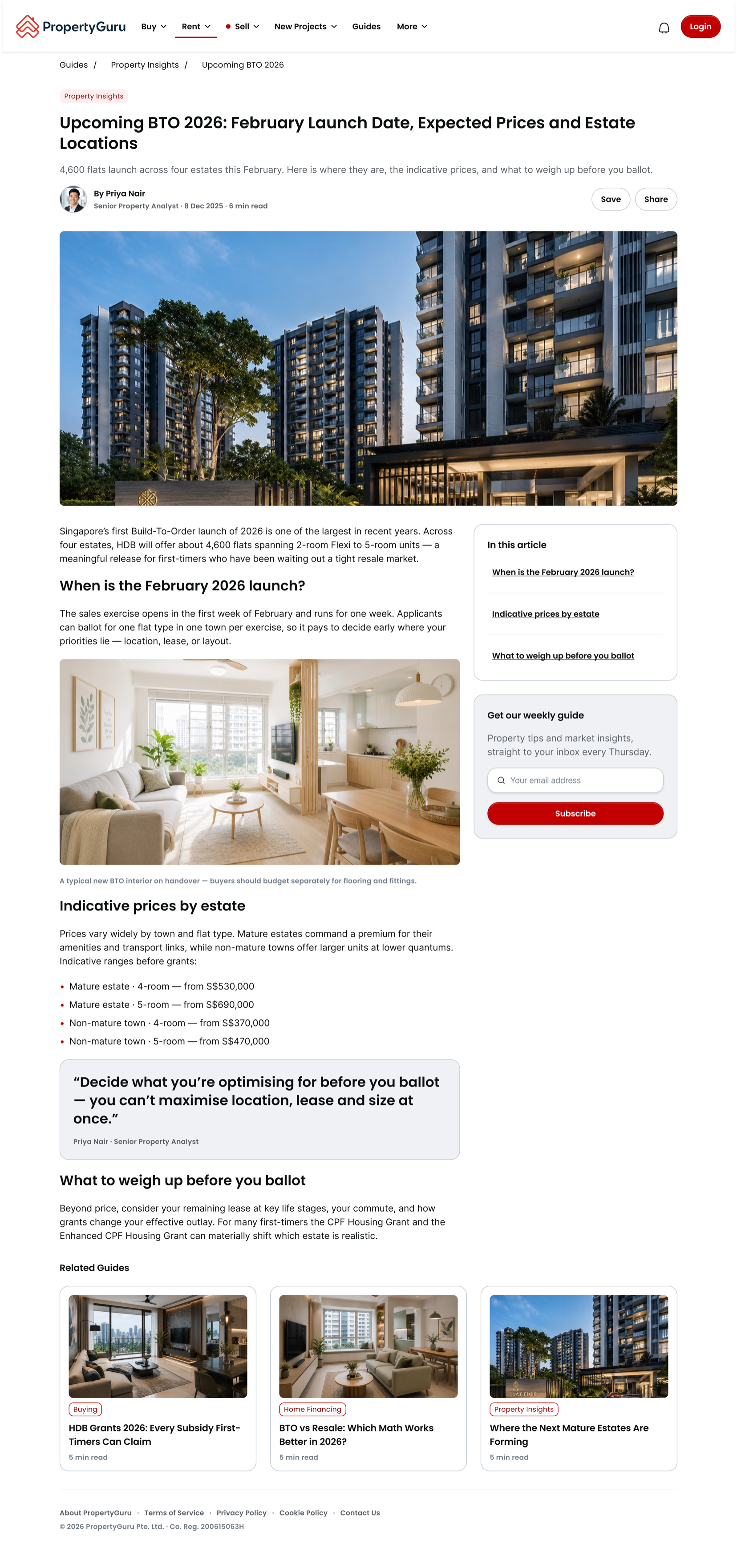 The generated guide article at desktop width: breadcrumb, headline and standfirst, an author row with save and share, a full-width hero, then the body running beside a sticky In this article list and a newsletter card, with a pull quote partway down and three related guides at the end