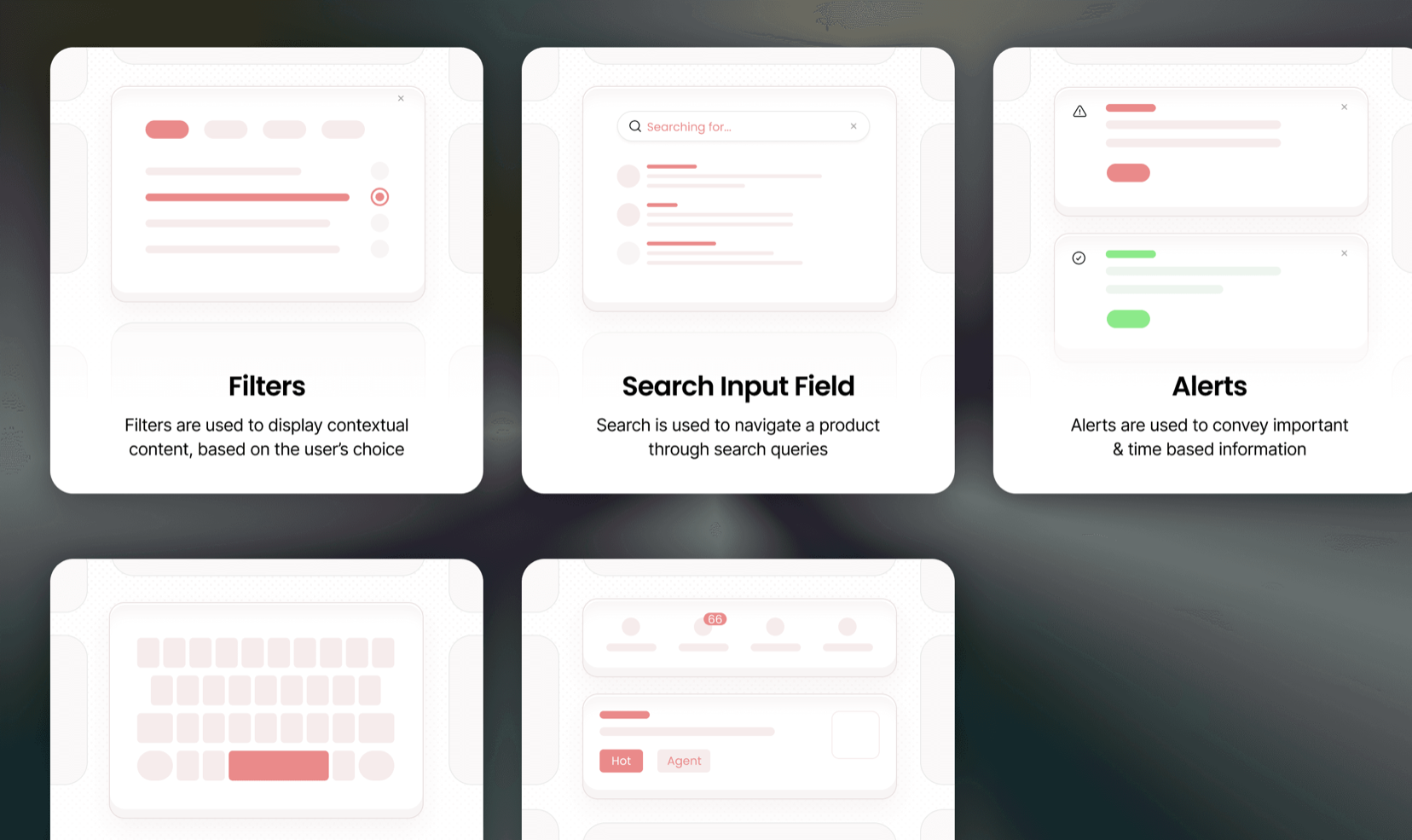 A grid of five component documentation cards on a light background: Filters, Search Input Field, Alerts, and two more cards showing a numeric keypad and a tabbed list with a "Hot" tag, each paired with a short usage description