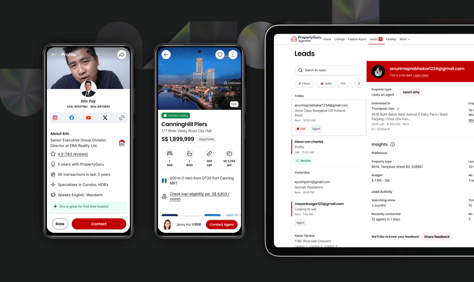 Three overlapping mobile and tablet screens showing PropertyGuru product surfaces built with HIVE: an agent profile page, a CanningHill Piers listing detail page, and an AgentNet leads dashboard