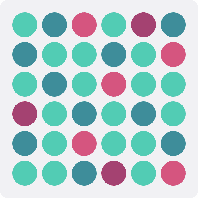 6x6 grid of dots that are mostly teal, with a smaller number of pink and dark magenta dots standing out