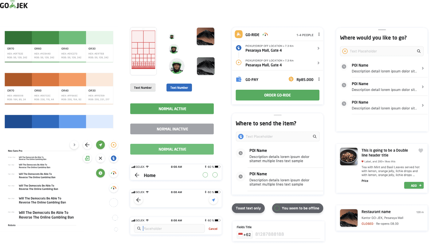 A wide grid of design system documentation: green, orange and blue colour-scale swatches with hex and RGB values, a typography specimen list, UI component states labelled "Normal Active" and "Normal Inactive", and GO-JEK app screens including a GO-RIDE order card, a "Where would you like to go?" search screen and a restaurant listing card